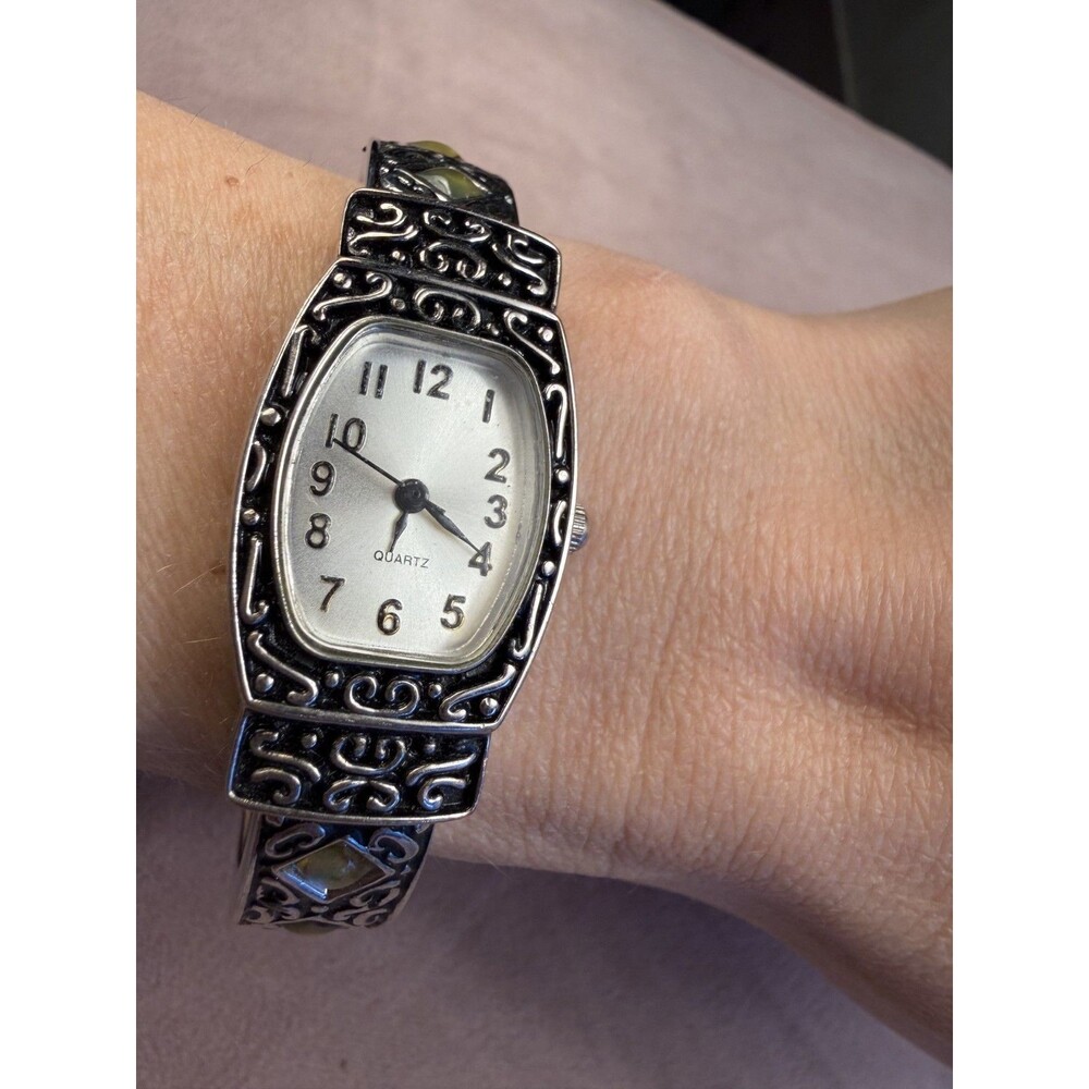 Rare Vintage Silver Cuff Watch with Green Abalone Accents Women's New Battery